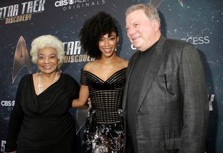 Nichelle Nichols, Sonequa Martin-Green and William Shatner pose for a photo at the premier of "Star Trek: Discovery."
