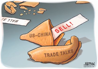 Political cartoon U.S. China trade war Wall Street fortune cookie sell