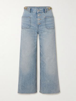 Cropped Frayed Embellished Mid-Rise Flared Jeans