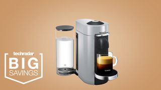 The Nespresso Vertuo Plus on a beige background