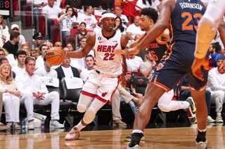 Jimmy Butler of the Miami Heat moves the ball during Game 6 of the 2023 NBA Playoffs Eastern Conference Semi-Finals on May 12, 2023 .