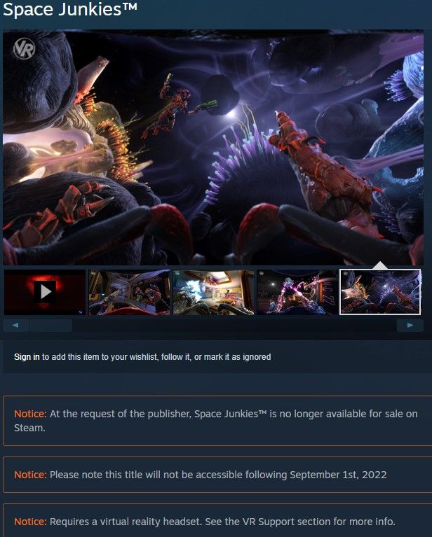 Space Junkies steam page demonstrating that the game will be rendered inaccessible to owners.