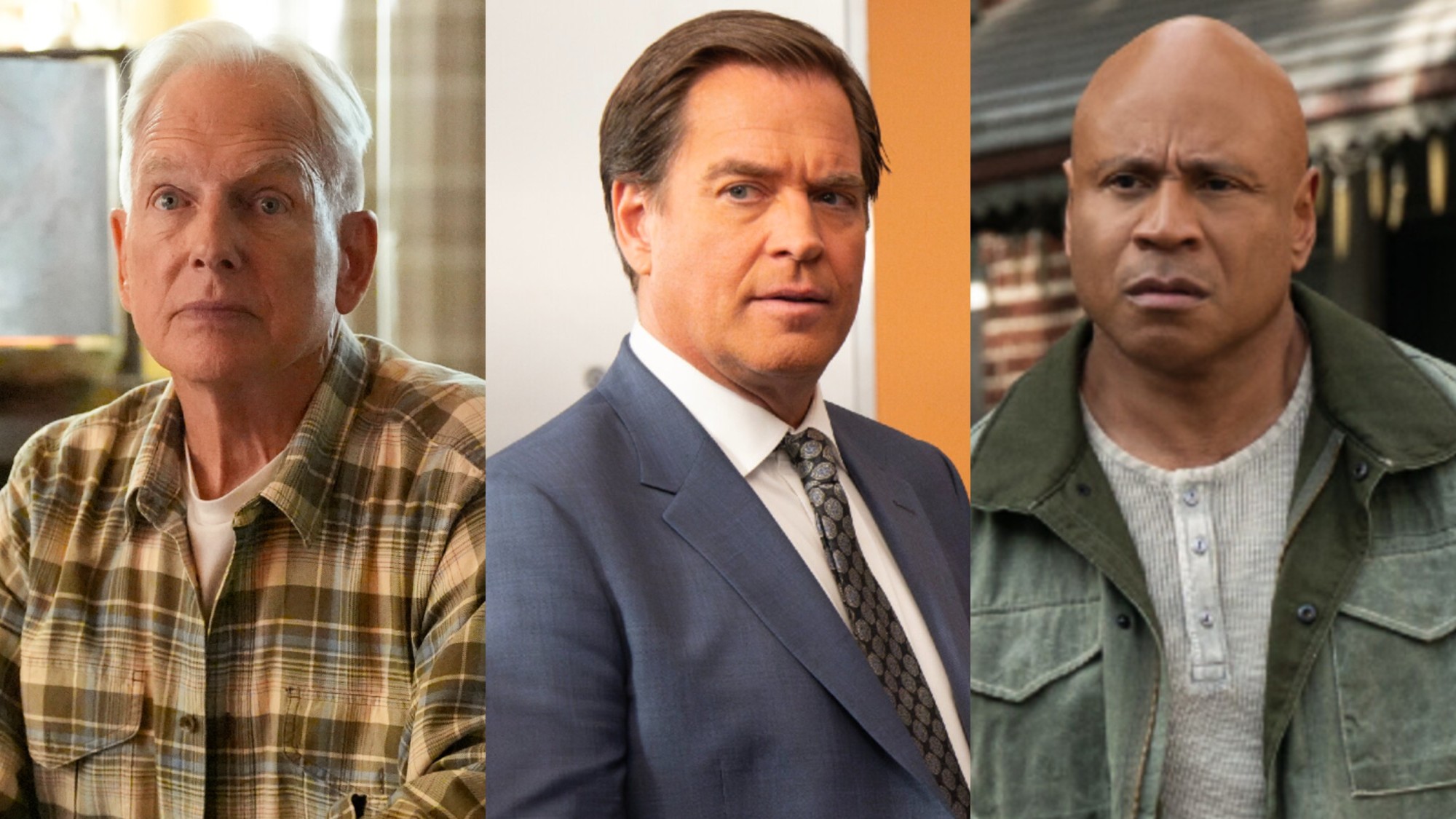 From L to R: Mark Harmon as Leroy Jethro Gibbs on NCIS: Origins, Michael Weatherly as Tony DiNozzo on NCIS, LL Cool J as Sam Hanna on NCIS: New York.