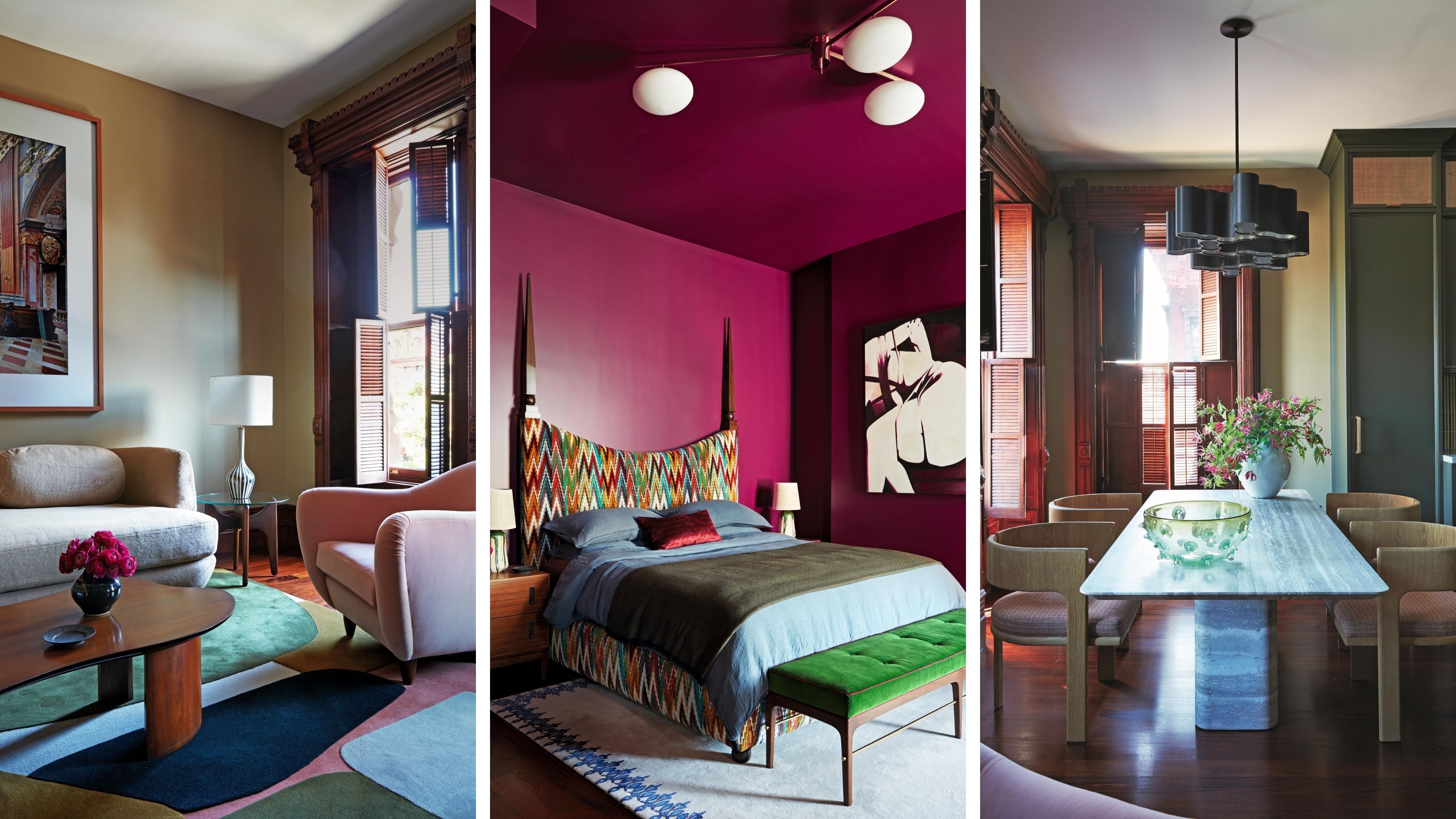 a trio of images from a colorful new york apartment house tour