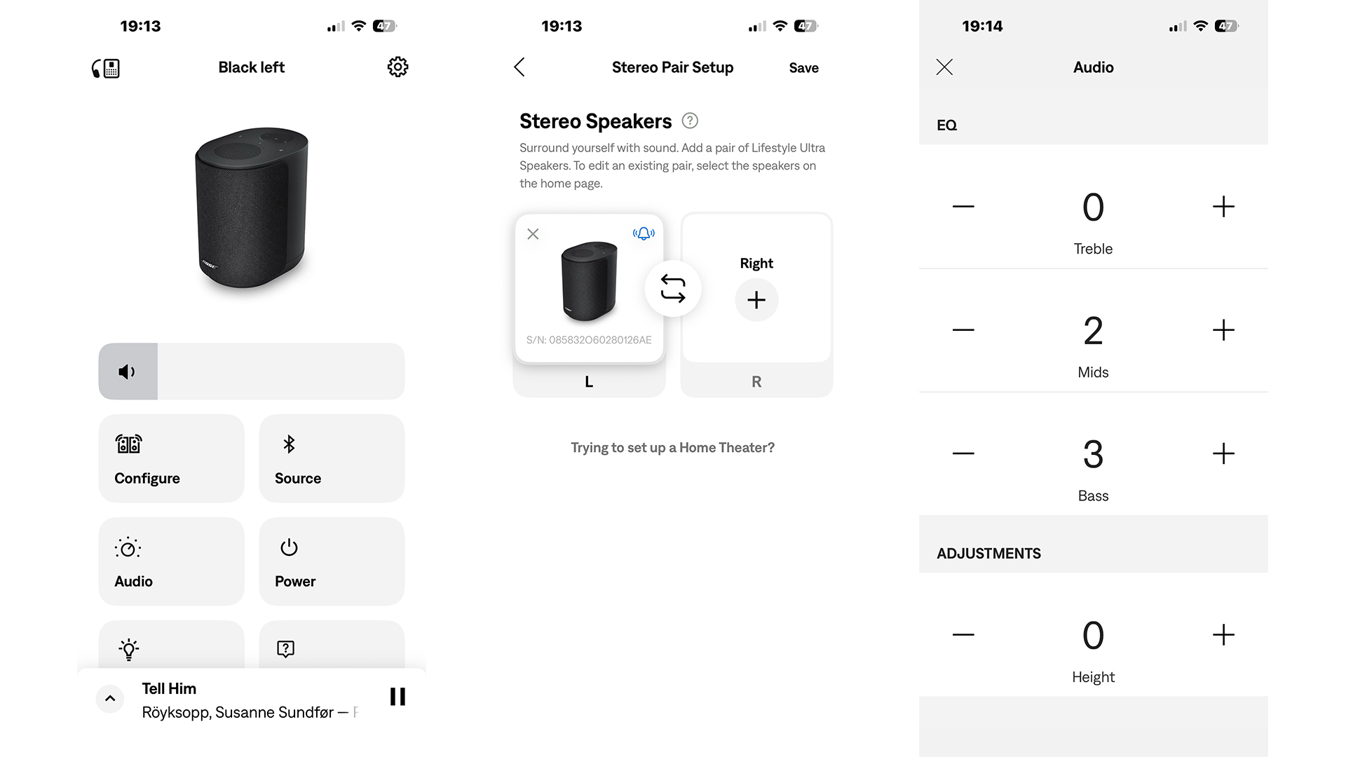 Bose Lifestyle Ultra Speaker wireless speaker app on three smartphone screens