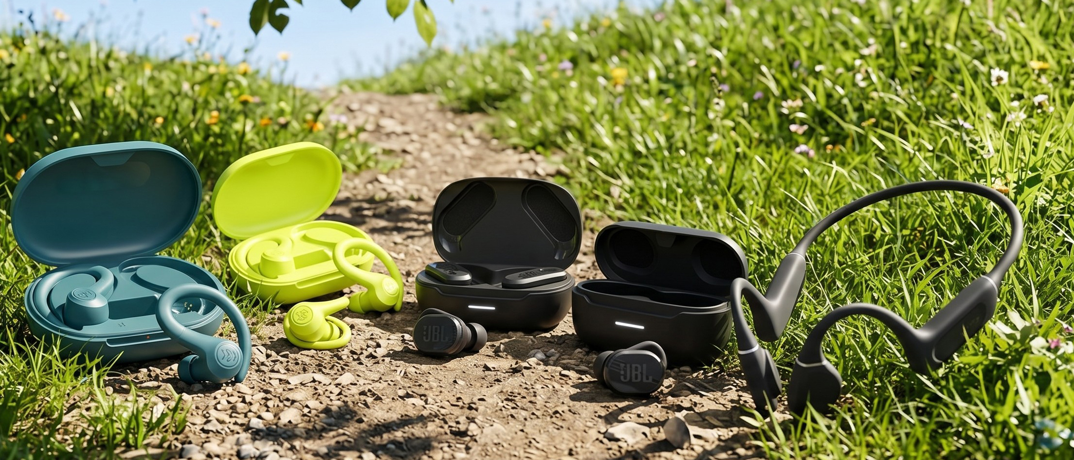 Selection of running headphones scatted on a path