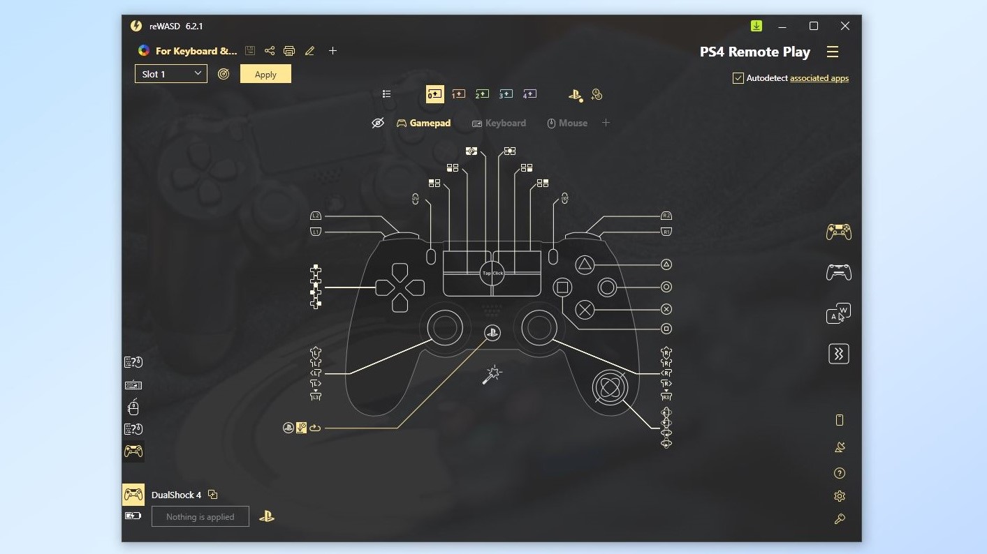 Una captura de pantalla que muestra cómo configurar un mando de PlayStation para PS Remote Play en reWASD