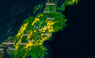 A radar snapshot from Tuesday evening, local time, showing heavy rain from Wipha across much of Honshu.