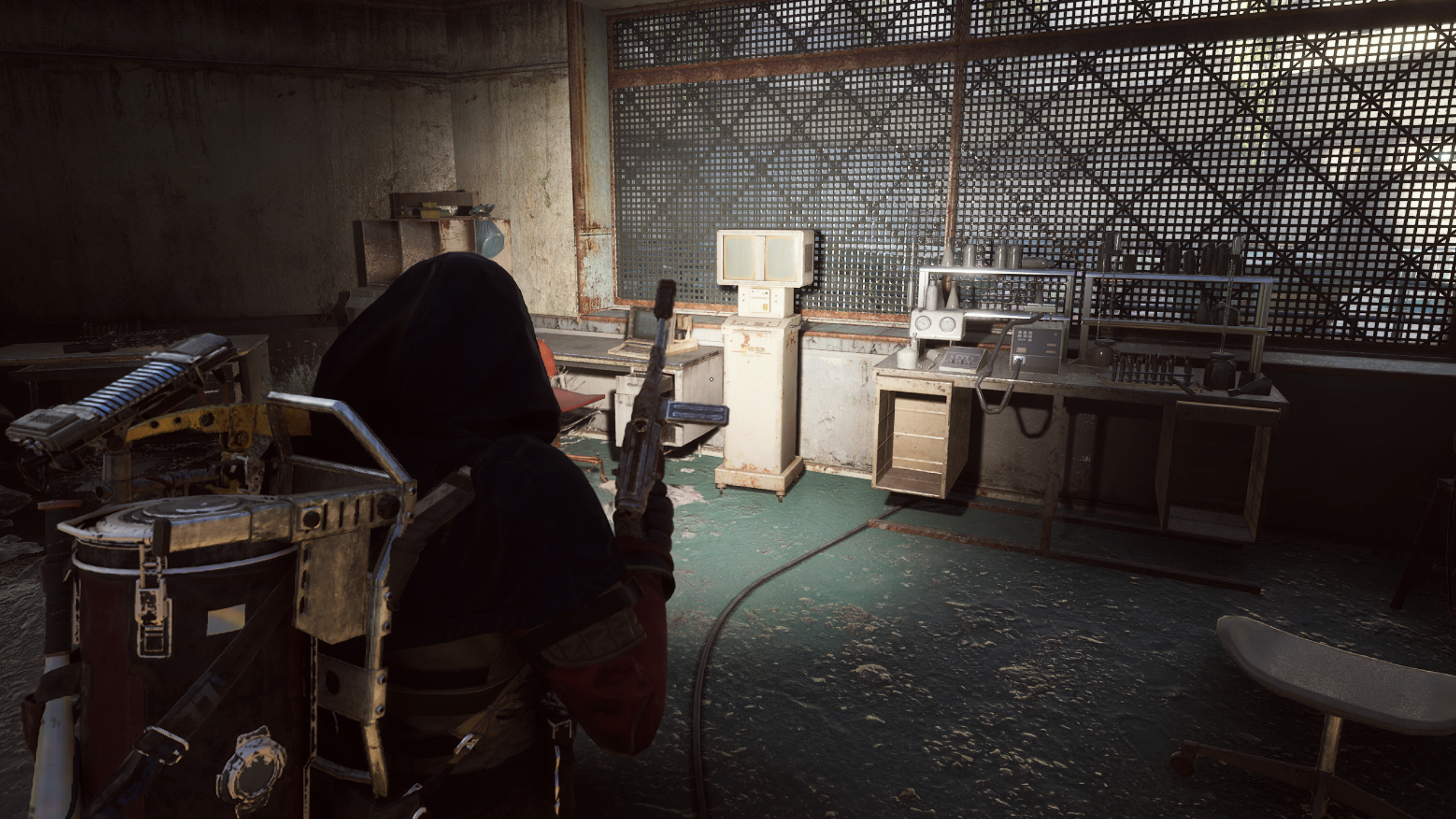 Arc Raiders Expired Respirators: A player looking at a table and medicine rack in a dark room using a flashlight.