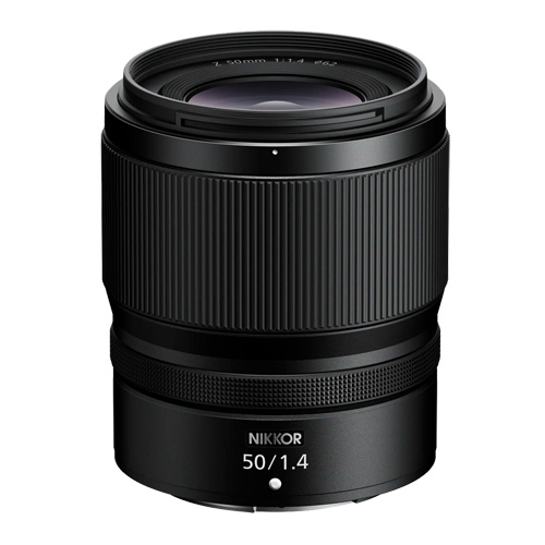 A NIKKOR Z 50mm f1.4 lens on a white background. 