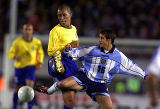 Pablo Aimar in action for Argentina against Brazil in September 2001.