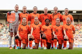 Sari van Veenendaal of Holland Women, Aniek Nouwen of Holland Women, Stefanie van der Gragt of Holland Women, Merel van Dongen of Holland Women, Lynn Wilms of Holland Women, Jill Roord of Holland Women, Romee Leuchter of Holland Women, Sherida Spitse of Holland Women, Vivianne Miedema of Holland Women, Victoria Pelova of Holland Women, Esmee Brugts of Holland Women, Katja Snoeijs of Holland Women, Damaris Egurrola of Holland Women, Jackie Groenen of Holland Women, Caitlin Dijkstra of Holland Women, Jacintha Weimar of Holland Women, Kayleigh van Dooren of Holland Women, Kerstin Casparij of Holland Women, Marisa Olislagers of Holland Women, Dominique Janssen of Holland Women, Lineth Beerensteyn of Holland Women, Jill Baijings of Holland Women, Barbara Lorsheyd of Holland Women, Chasity Grant of Holland Women, coach Mark Parsons of Holland Women, assistant trainer Jessica Torny of Holland Women, assistant trainer Arvid Smit of Holland Women, assistant trainer Niels de Vries of Holland Women, Danielle Schaap of Holland Women, Belle van Meer of Holland Women, Kim Blewanus of Holland Women, Jaimy Hulsker of Holland Women, Sonja Geerenstein of Holland Women, Romy de Jong of Holland Women, Maurice Ouderland of Holland Women, Robbie van Mourik of Holland Women, Tessa Getrouw of Holland Women, Rudy Conings of Holland Women, Inge van As of Holland Women, John Hermans of Holland Women, Marleen Wissink of Holland Women, Stefan Hoogsteder of Holland Women during the International Friendly Women match between Holland v South Africa at the Cars Jeans Stadium on April 12, 2022 in Den Haag Netherlands