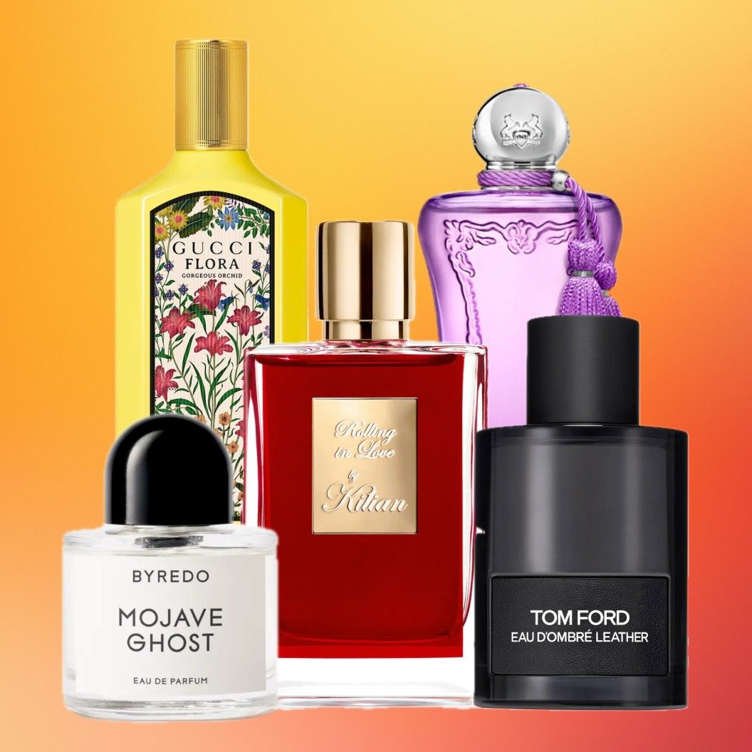 a collage of five bottles of perfume in various colors in front of an orange and red background