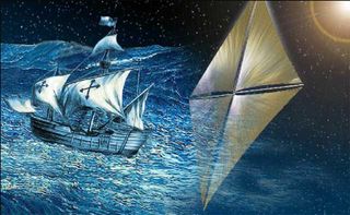 An artist's concept of a sailing ship and a solar sail.