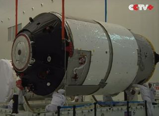 China's Tiangong-2 space laboratory module is seen during prelaunch preparations ahead of its September 2016 launch into orbit. Tiangong-2 is China's second space lab for astronauts.