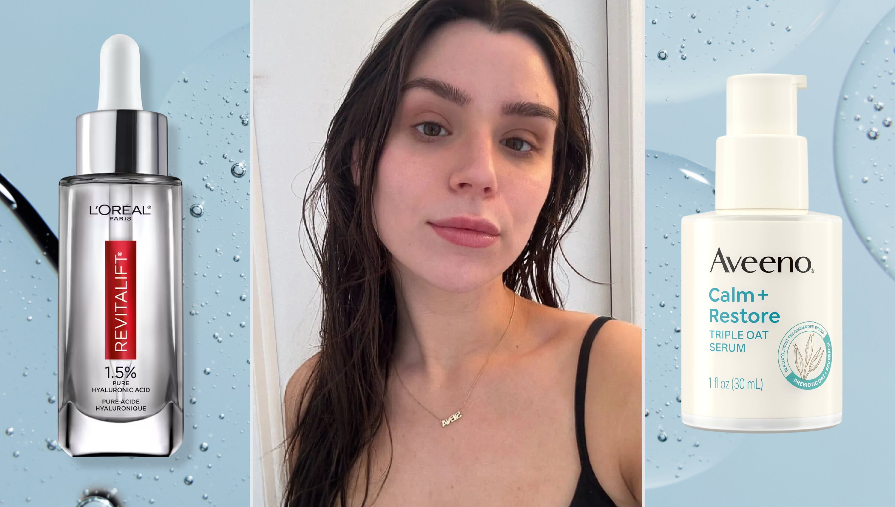 drugstore serums with a blue background and a selfie of siena gagliano