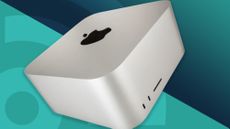 The Apple Mac Studio, the best video editing PC, against a cyan techradar background