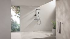 a modern industrial shower room with lots of natural light and the GROHE rain shower