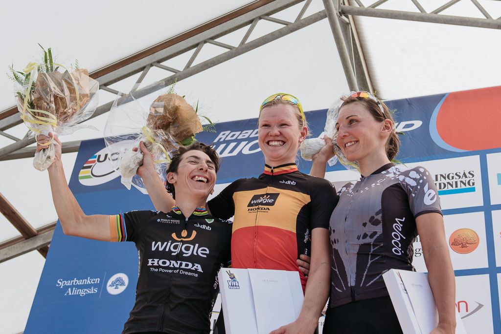 The top 3 Jolien d'Hoore, Giorgia Bronzini and Lisa Brennauer