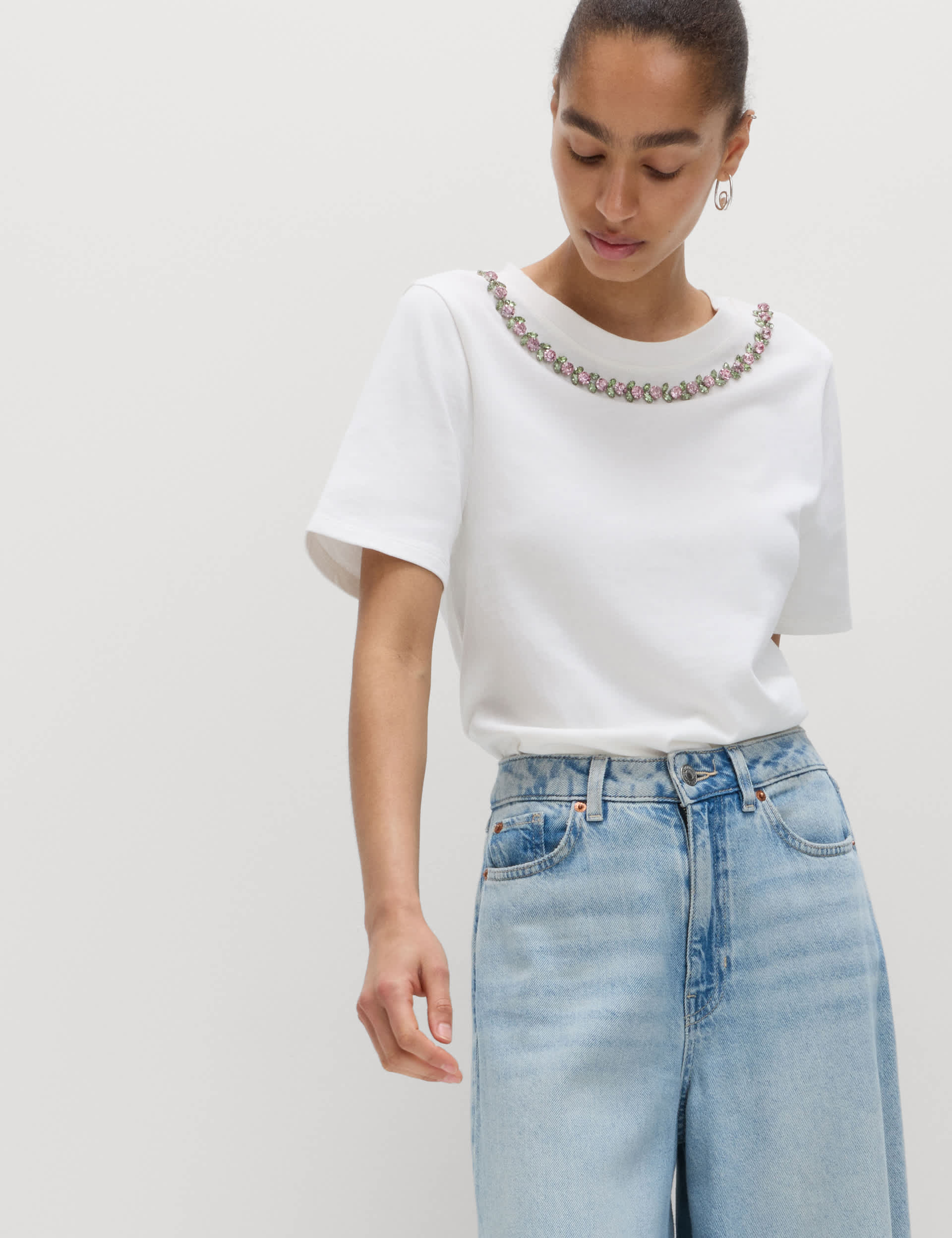 Pure Cotton Floral Embellished T-Shirt