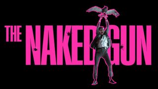 The Naked Gun logo; a man swings on an owl in front of a logo