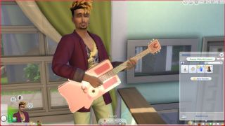 The Sims 4- A Sim plays the guitar happily while selecting "resume mournful lament" from their sheet music in inventory.