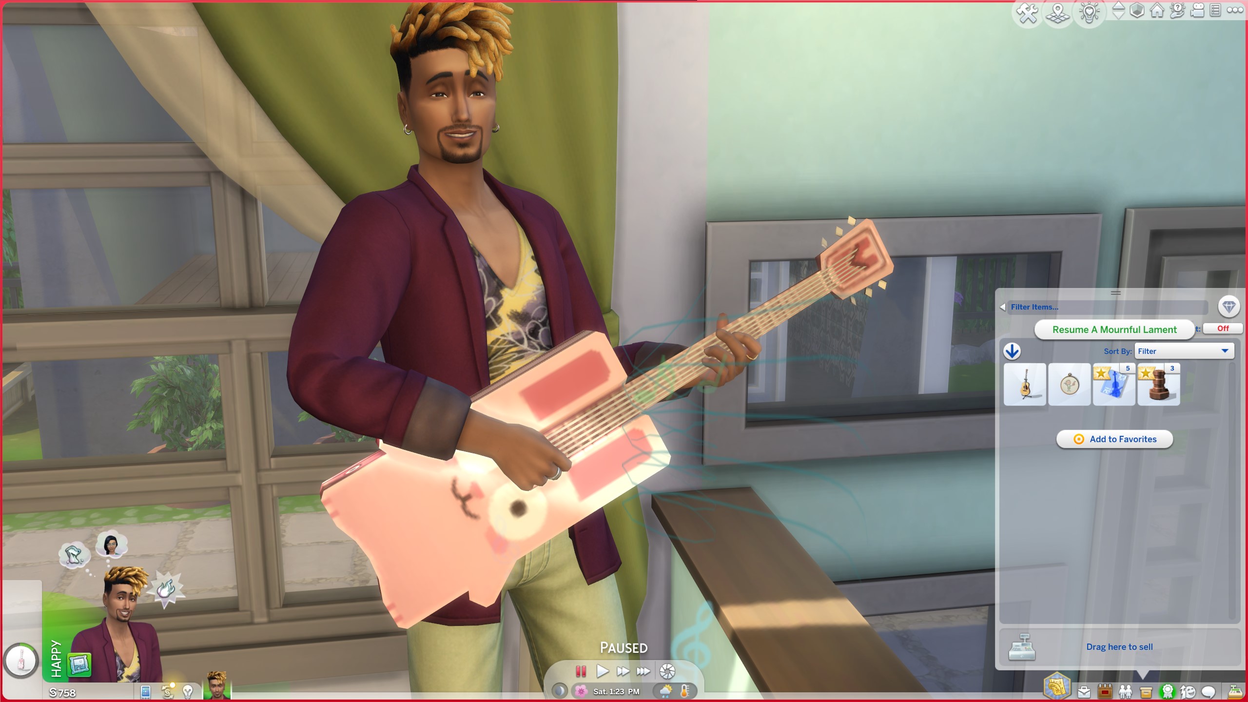 The Sims 4- A Sim plays the guitar happily while selecting 