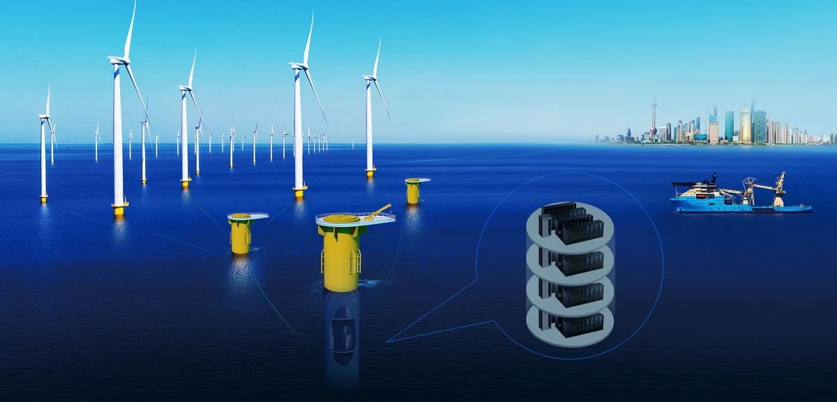 a schematic of a wind-powered underwater data center