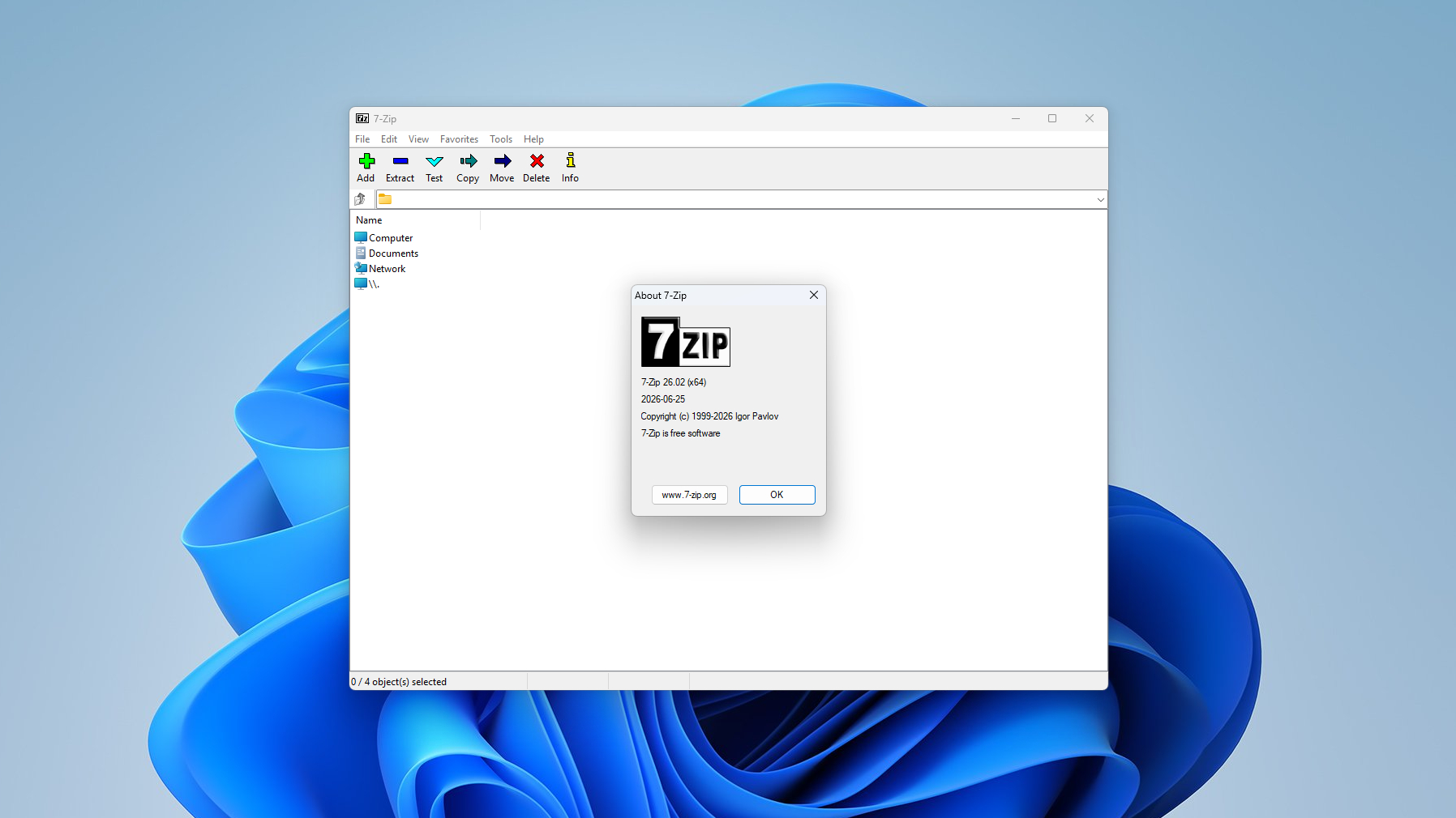A screenshot of 7-Zip with its About window open, showing version 26.02 which fixes a vulnerability.