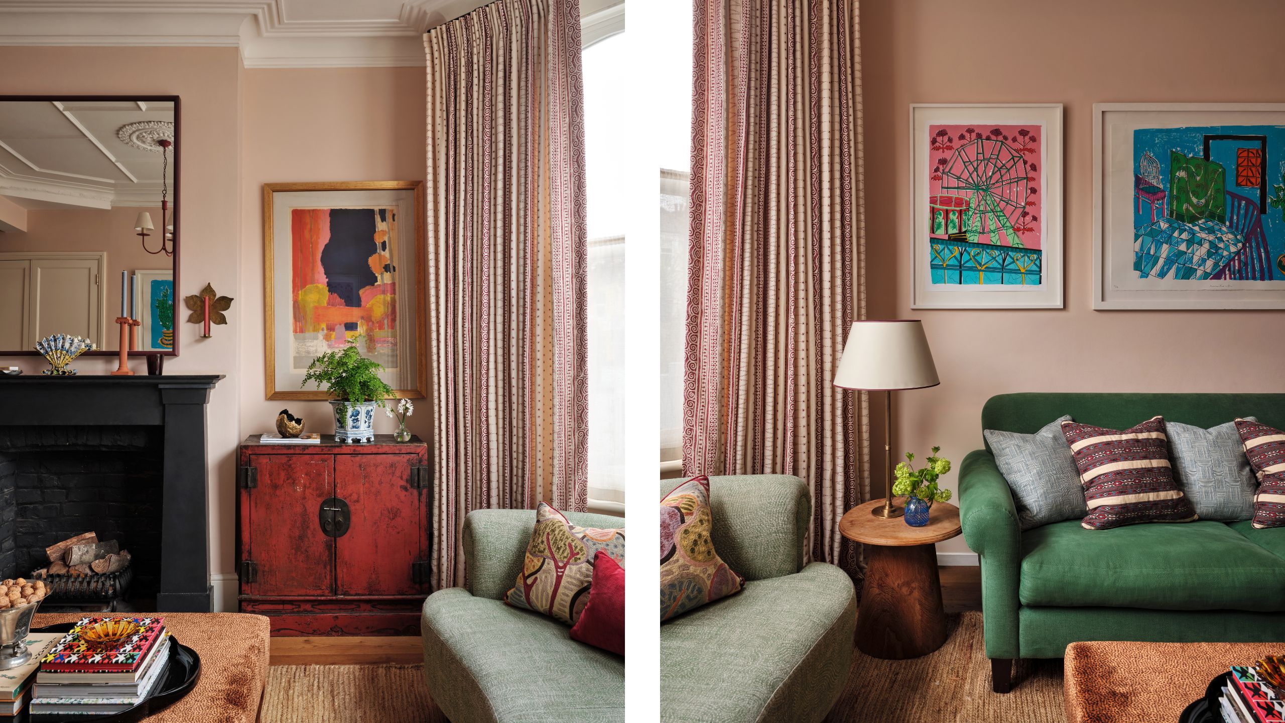 two side by side images of a Victorian living room with pink painted walls, black fireplace, green sofa and vintage furniture