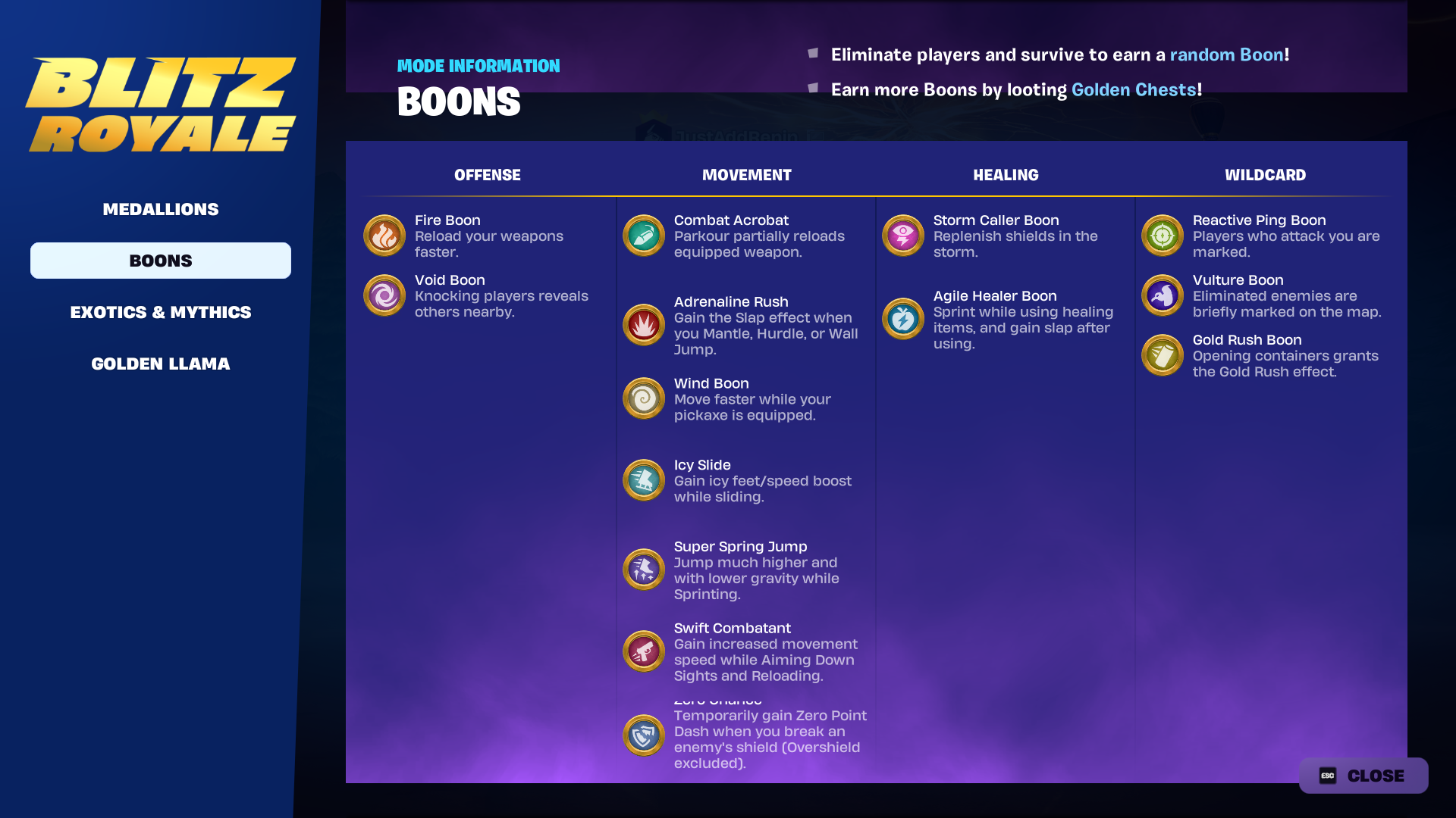 Fortnite Blitz Royale list of boons July 2025