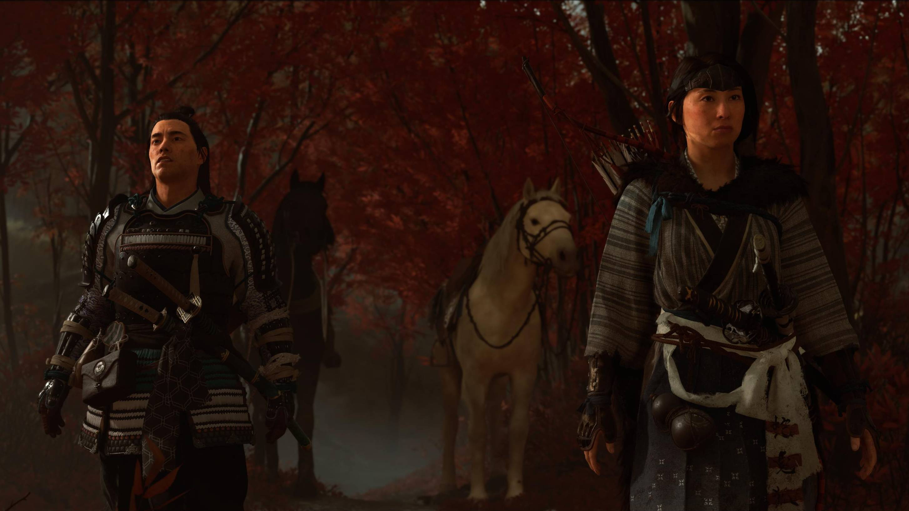 A screenshot of Atsu and an NPC in Ghost of Yotei