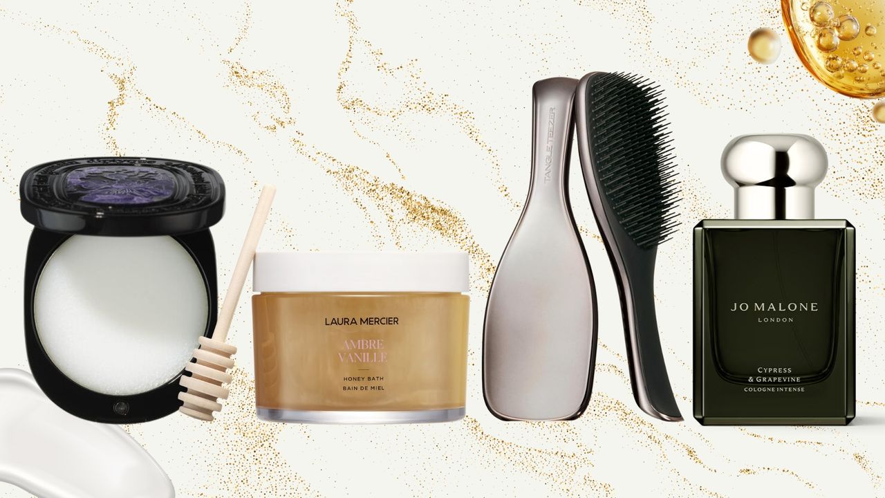 Collage of last minute beauty gifts, including a Diptyque solid perfume, Laura Mercier's Honey Bath, silver Tangle Teezer hairbrush and Jo Malone perfume, on a white and gold speckled background, with cream and oil swatches