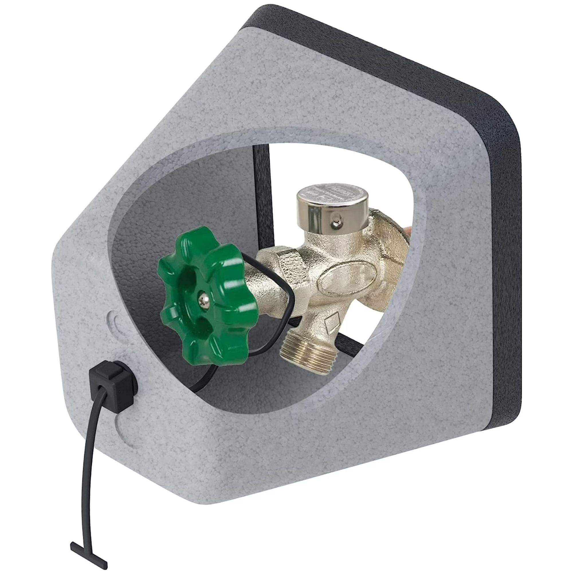 Grey faucet cover on a silver faucet with green tap