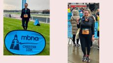 Writer Susan Griffin at the start and finish of her first race in 20 years after learning how to run 10km from scratch with the Runna app