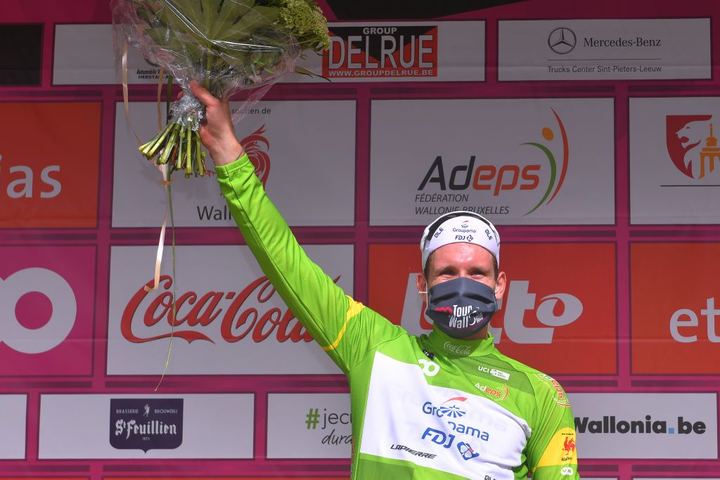 EREZEE BELGIUM AUGUST 19 Podium Arnaud Demare of France and Team Groupama FDJ Green Points Jersey Celebration during the 41st Tour de Wallonie 2020 Stage 4 a 1994km stage from Blegny to Ereze 334m TourdeWallonie TRW2020 on August 19 2020 in Erezee Belgium Photo by Luc ClaessenGetty Images