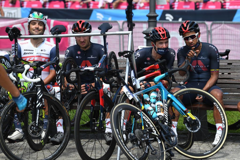 VALLE SPLUGA ALPE MOTTA ITALY MAY 29 Jacopo Mosca of Italy and Team Trek Segafredo Gianni Moscon of Italy Salvatore Puccio of Italy Jhonnatan Narvaez Prado of Ecuador and Team INEOS Grenadiers at start during the 104th Giro dItalia 2021 Stage 20 a 164km stage from Verbania to Valle Spluga Alpe Motta 1727m UCIworldtour girodiitalia Giro on May 29 2021 in Valle Spluga Alpe Motta Italy Photo by Tim de WaeleGetty Images