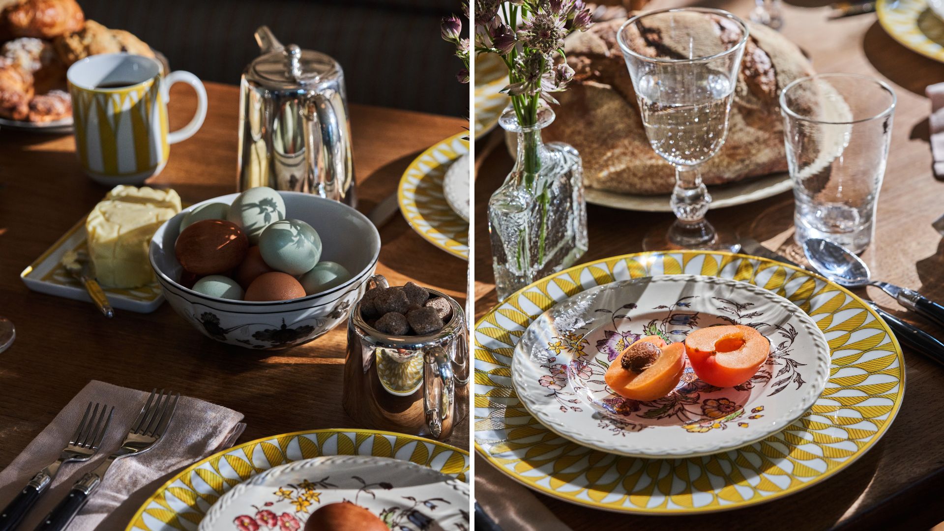 Breakfast table laid with bowls of eggs, coffee pot and bread