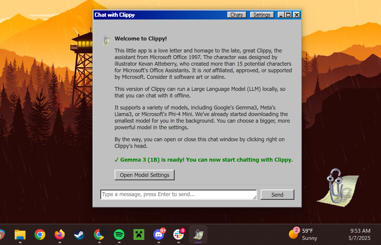Window about Clippy on desktop