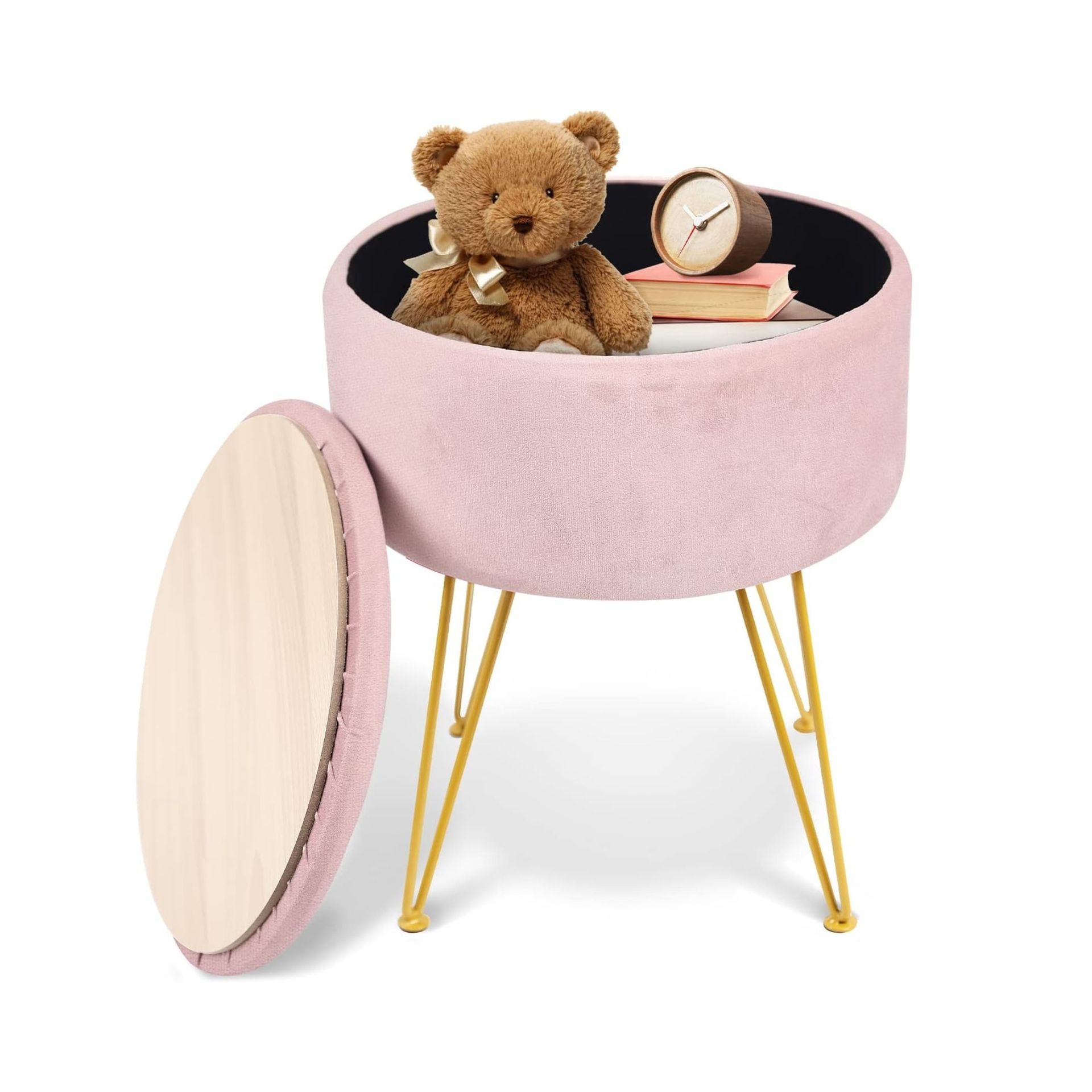 Bangku penyimpanan merah muda dengan kaki emas