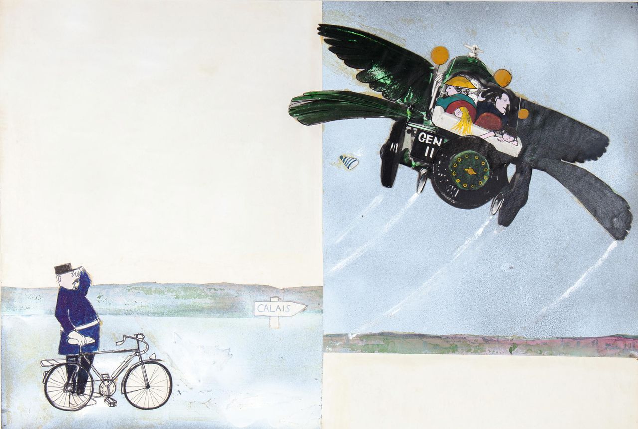 Chitty Chitty Bang Bang flying — original artwork by John Burningham. Credit: The Ian Fleming Estate 1961. Artwork reproduced with the permission of Ian Fleming Publications Ltd and The Ian Fleming Estate.