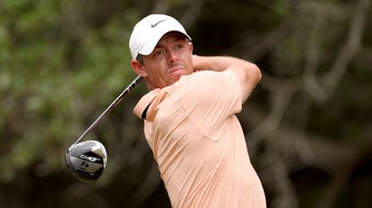 Rory McIlroy takes a tee shot during Sunday's play at the Valero Texas Open