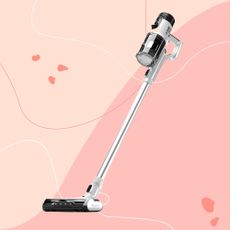 Gtech AirFOX Platinum Cordless Stick Vacuum on a pink background