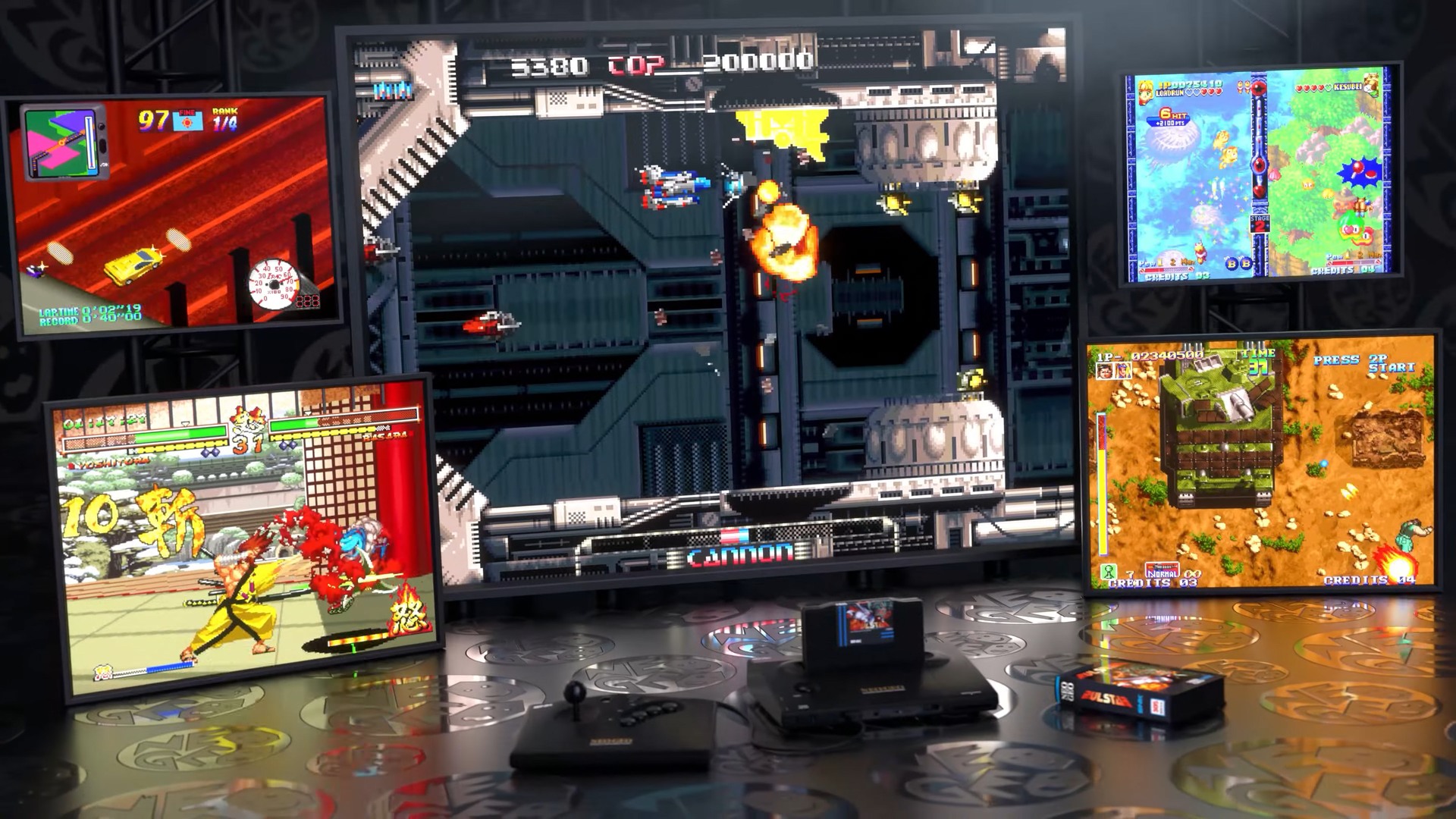 A render showing the Neo Geo AES+ with gameplay feeds of five separate games.