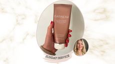 A marble backdrop containing an image of a hand with red nails holding Gatineau Golden Glow Gradual Tan and an image of Fiona Mckim in a green blazer with blonde hair