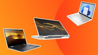A collection of the best HP laptops on an orange background