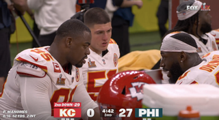 Chiefs players look worried in the 3rd quarter of Super Bowl LIX