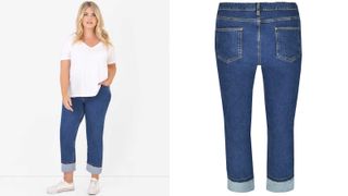 best jeans for curvy women from Live Unlimited include these indigo boyfriend jeans