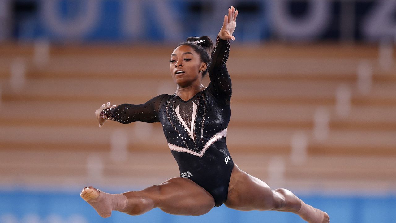 TOKYO, JAPAN - JULY 22: Simone Biles of Team United States trains in the floor exercise during Women&#039;s Podium Training ahead of the Tokyo 2020 Olympic Games at Ariake Gymnastics Centre on July 22, 2021 in Tokyo, Japan. (Photo by Ezra Shaw/Getty Images)