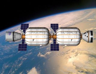 Two Bigelow Aerospace B330 modules are joined into an orbiting space station in this artist's conception of the company's expandable habitats.